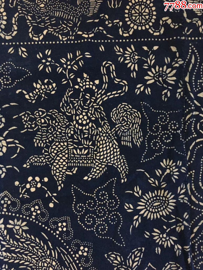 民国麒麟送子蓝印花布被面