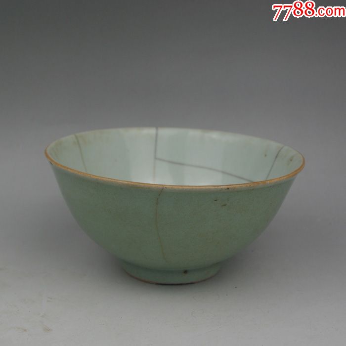 清代道光豆青釉碗锔瓷明清景德镇老青花瓷器古董古玩摆件老物件