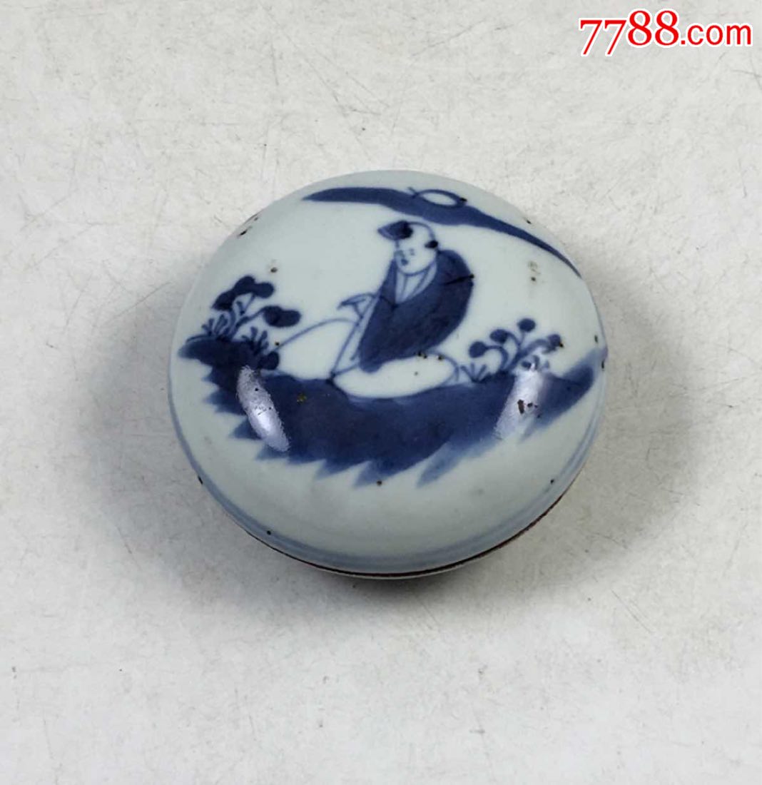 清中期人物故事青花原配全套文房印泥盒全品