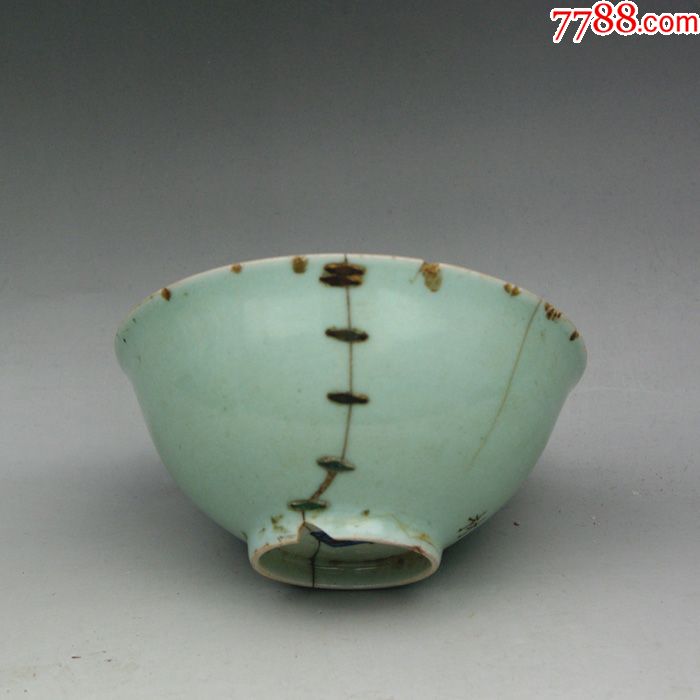 清代豆青釉碗锔瓷青花瓷明清景德镇老青花瓷器古董古玩摆件老物件
