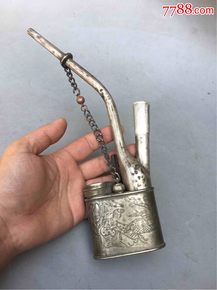 清代白铜水烟袋仕女人物带字