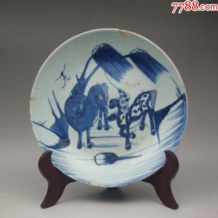 清代双骏图大盘明清景德镇老青花瓷器古董古玩摆件老物件