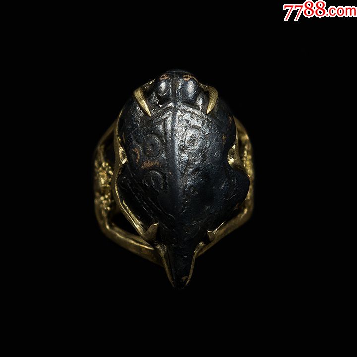 藏传黑漆古黑漆骨老寿龟天铁托甲镶嵌戒指