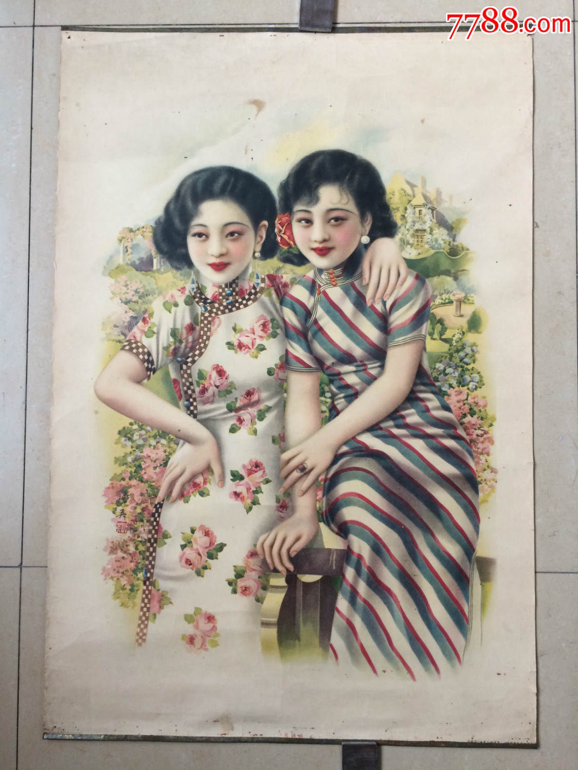 品特好保真民国广香烟告画,旗袍美女图,姊妹花,杭稚英作