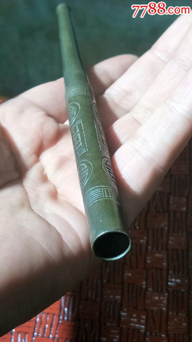 清代民国时期长铜烟嘴,刻字,带工