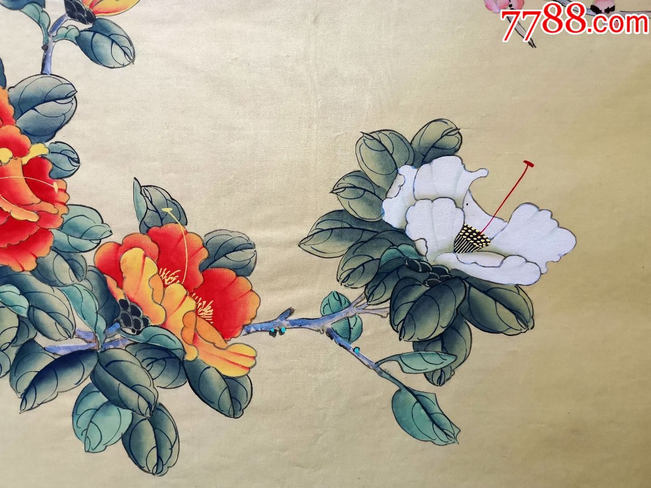 早期的绢本手绘工笔花鸟《牡丹小鸟》