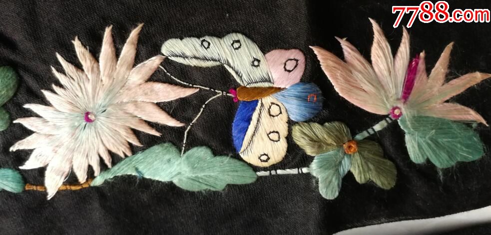 民国绣工特别精美蝴蝶花卉图刺绣绣片绣品袖口一对包老怀旧好品