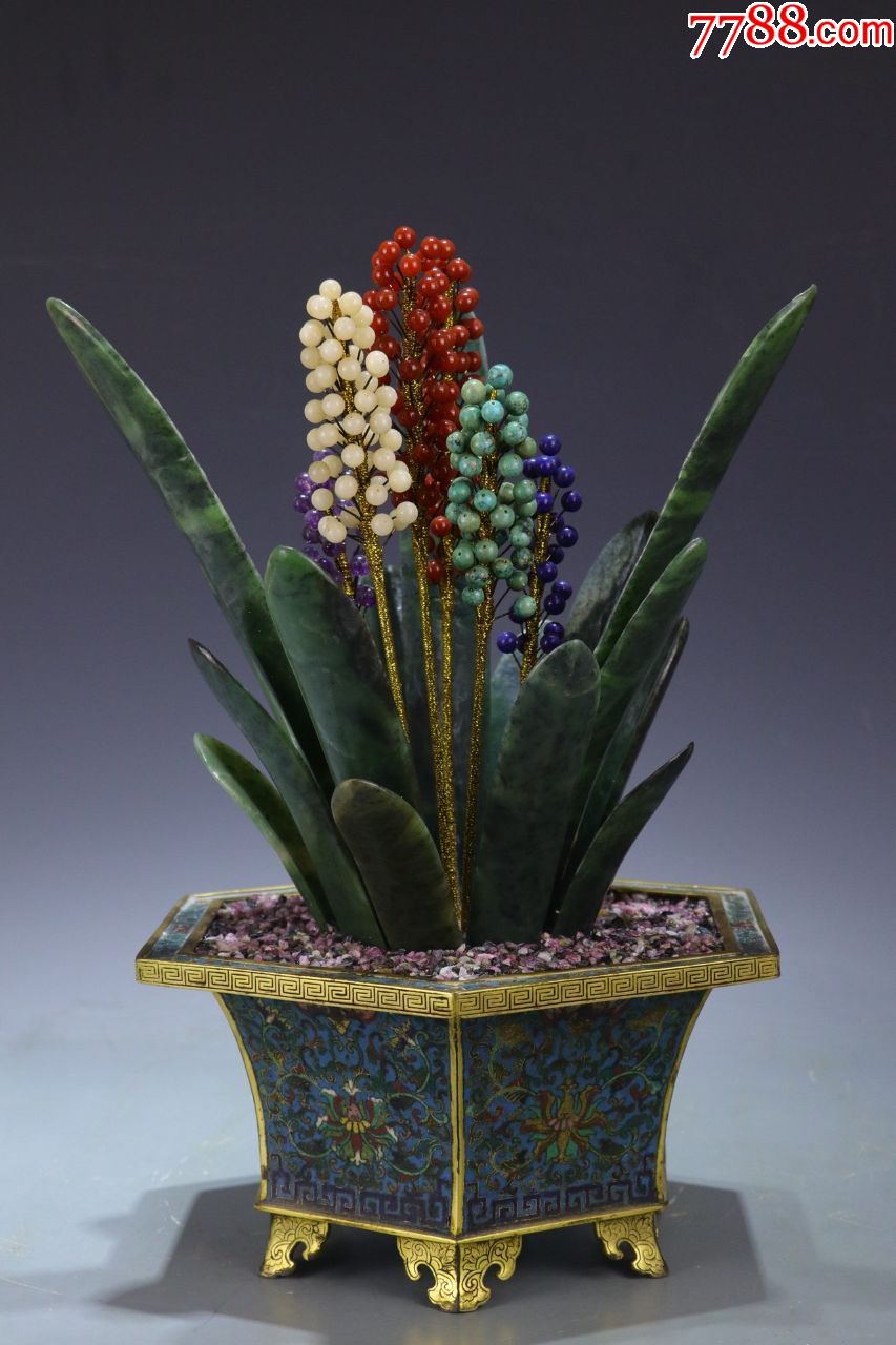 清～"乾隆年制"景泰蓝碧玉多宝盆景