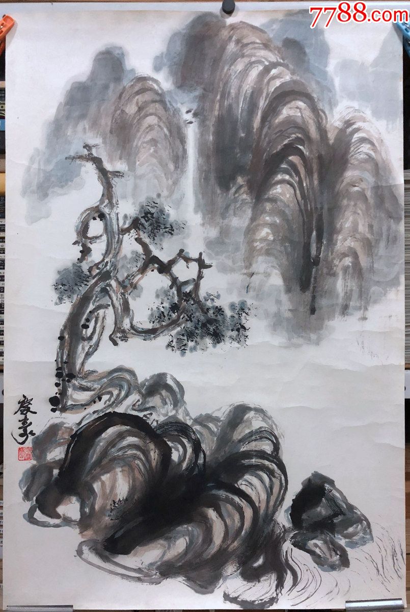 国画原作,748,著名画家【张庆寿,山水画,托片,四尺三开