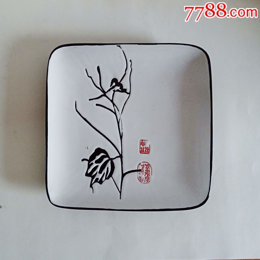 手绘方形瓷盘摆件