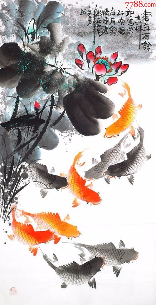 何奕勇·四尺荷花九鱼图07