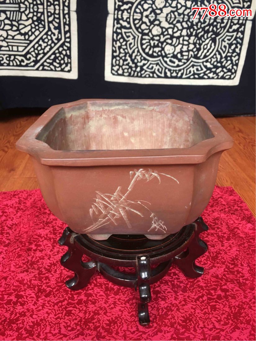 七八十年代刻画四方八角紫砂花盆