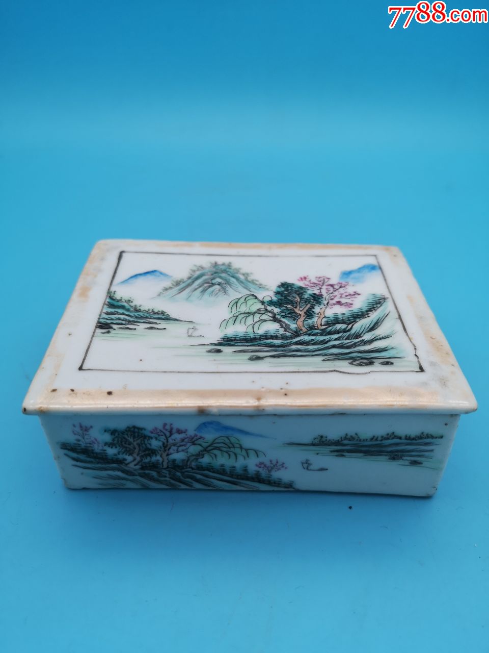 民国细路粉彩青绿山水纹印泥盒