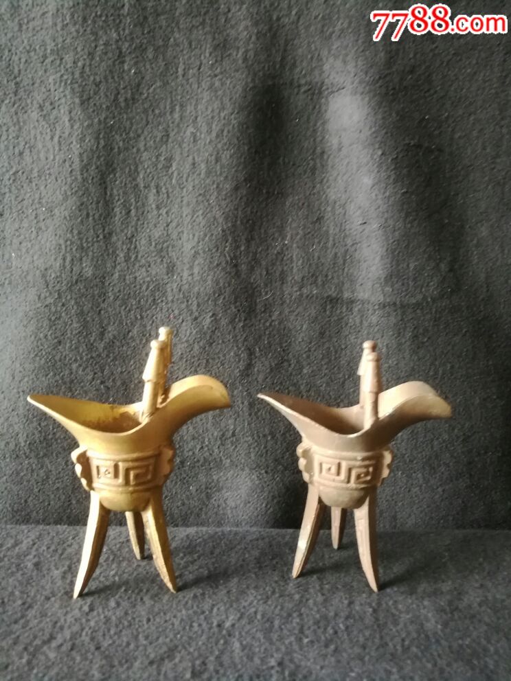 80年代国酒茅台赠品三足仿古爵杯红铜黄铜一对_铜皿/盛具【绿影壁】