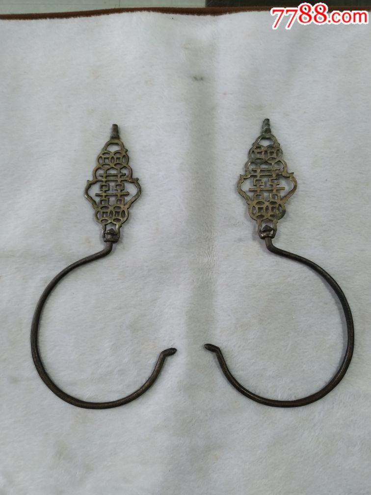 清代铜制囍字镂空帐钩双面工一对厚重细节如图