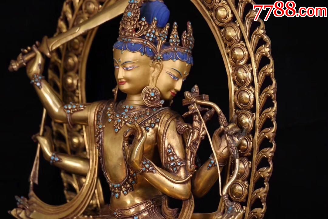 藏传铜鎏金三面四臂文殊菩萨造像