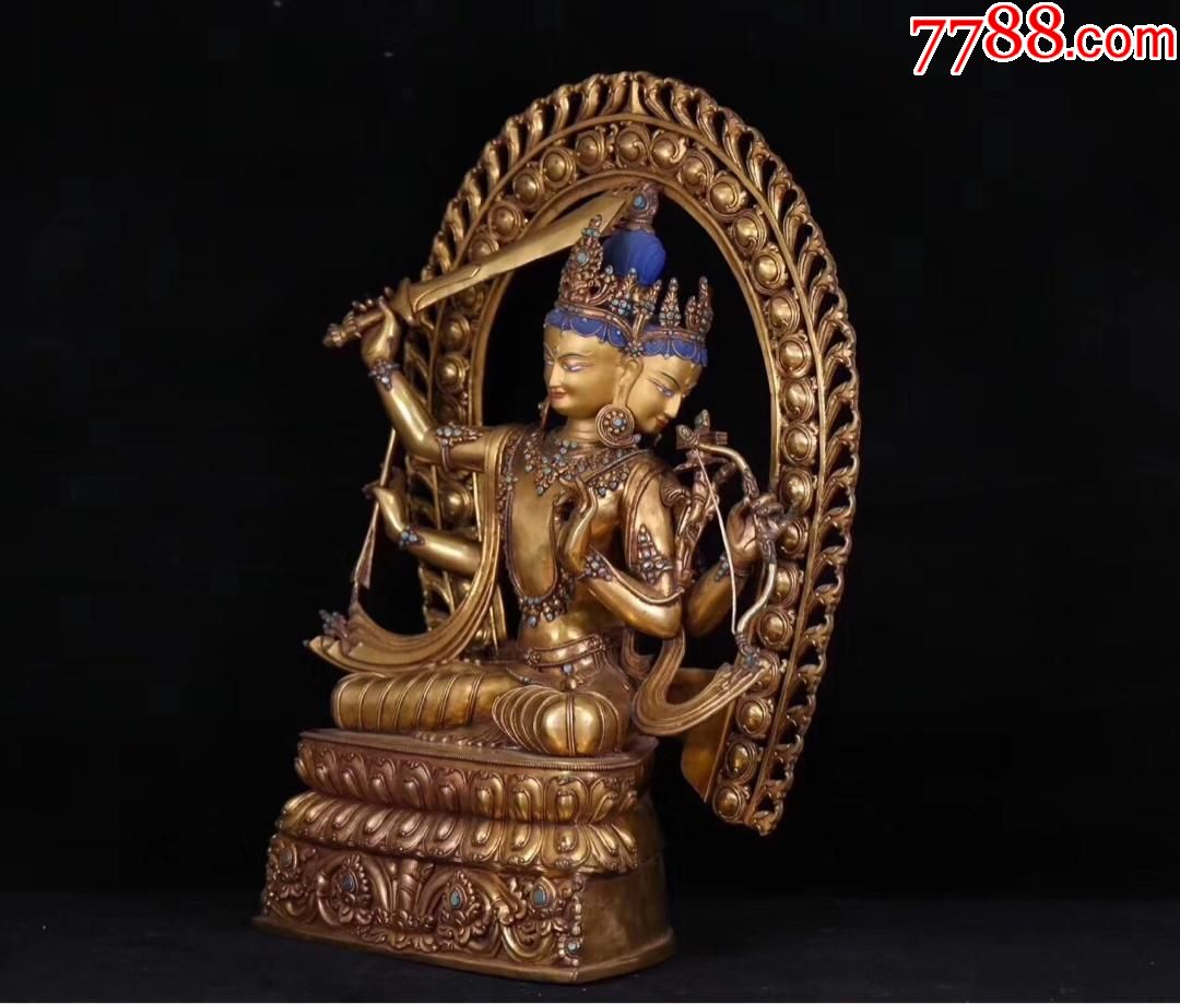 藏传铜鎏金三面四臂文殊菩萨造像