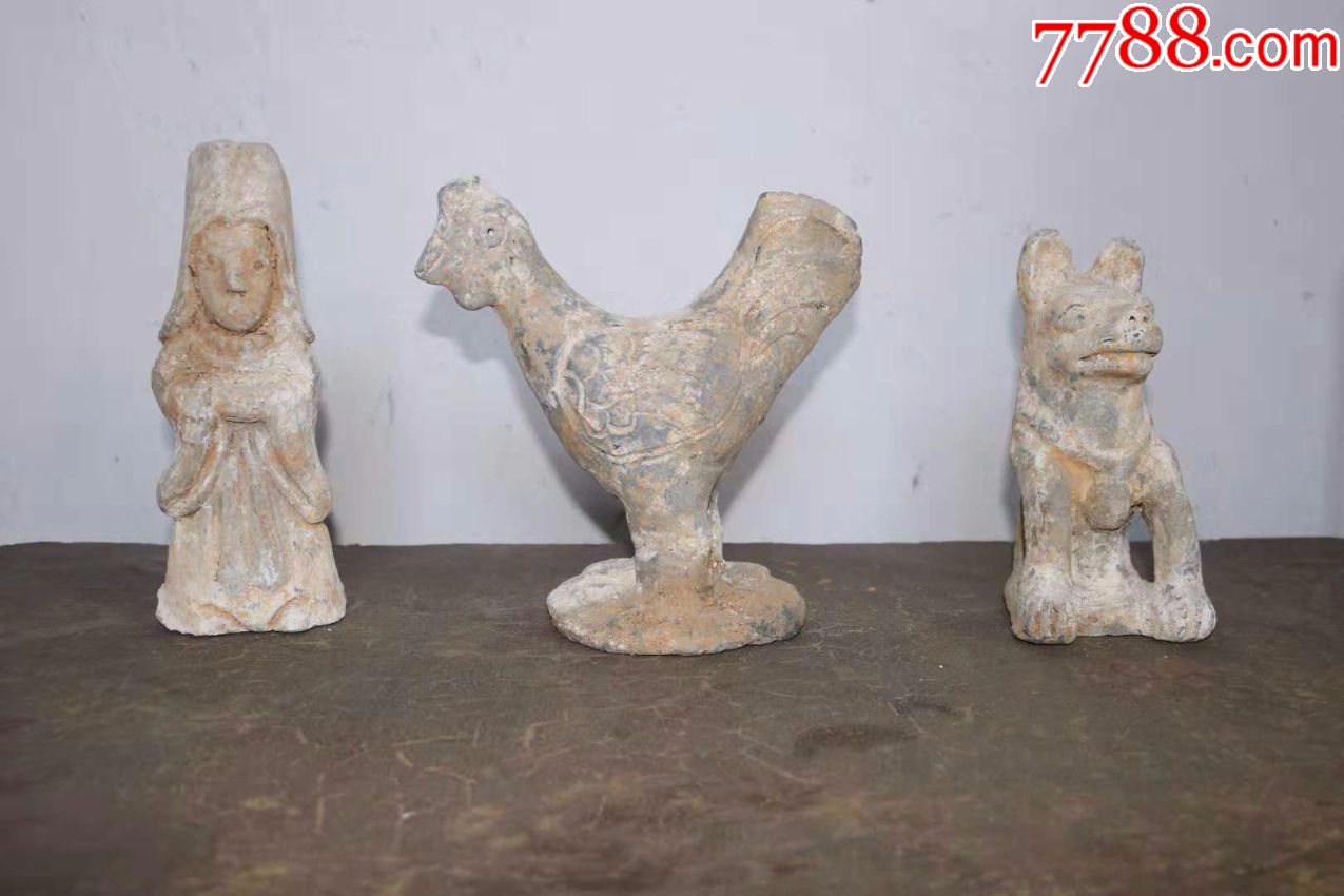 宋代人鸡狗陶土古董古玩收藏出土瓷器古宋艺术品动物室内装陶三件