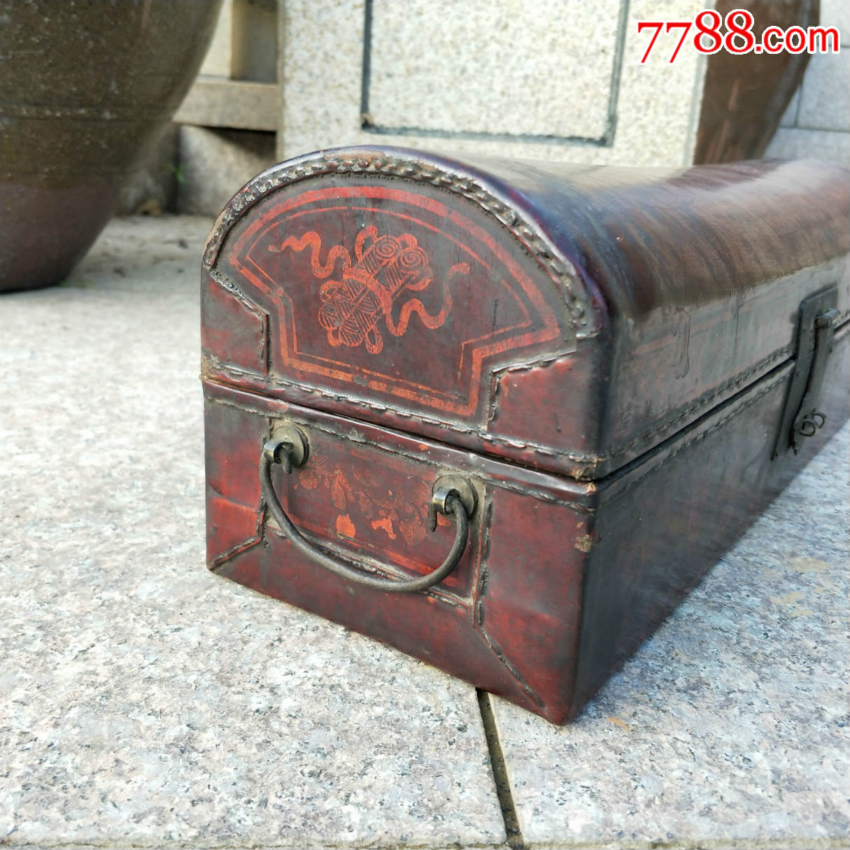 清代枕头皮枕漆器牛皮箱盒珠宝首饰金钱箱民俗旧货收藏