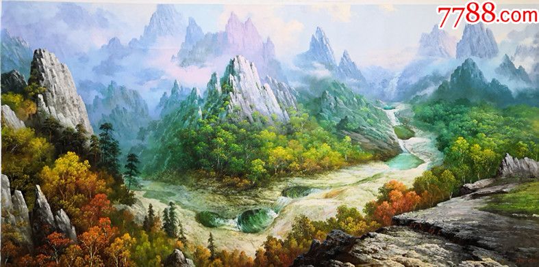 朝鲜功勋画家严正民大幅风景油画连珠潭