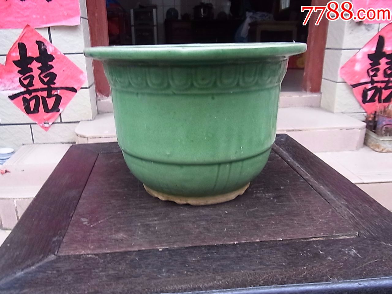 一个90年代老石湾绿釉花盆