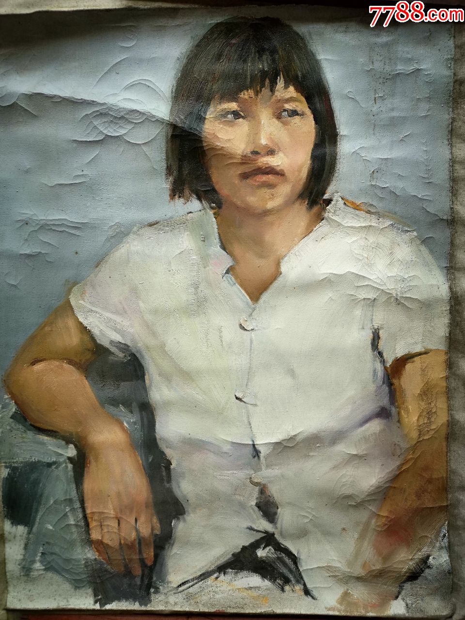 早期大幅刀笔肖像油画短发女青年肖像