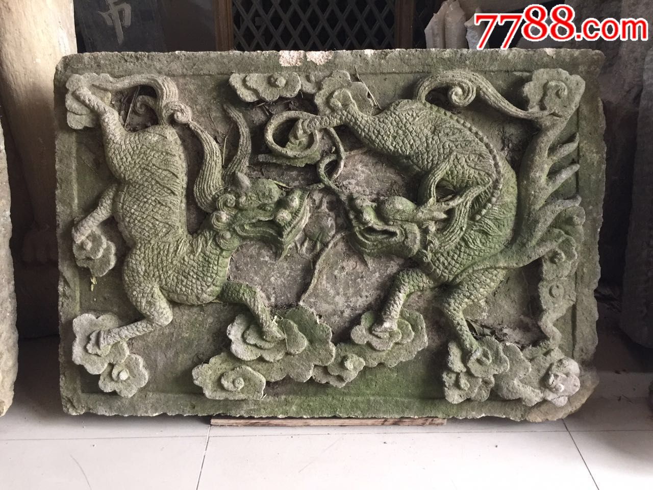 清代石板,雕刻麒麟吉祥瑞兽;(双麒麟),具有招财进宝辟邪镇宅之意_石牌