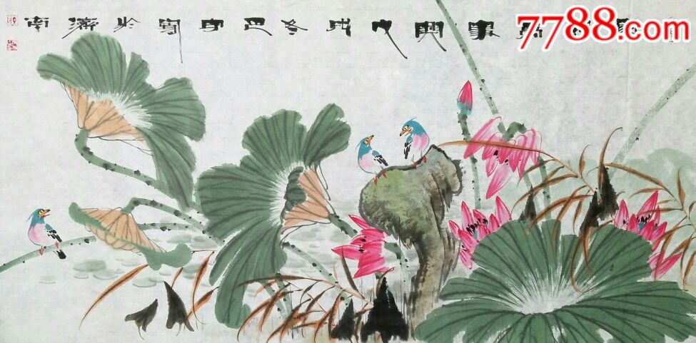 书画名家郑守宽横幅荷花鸟小写意国画