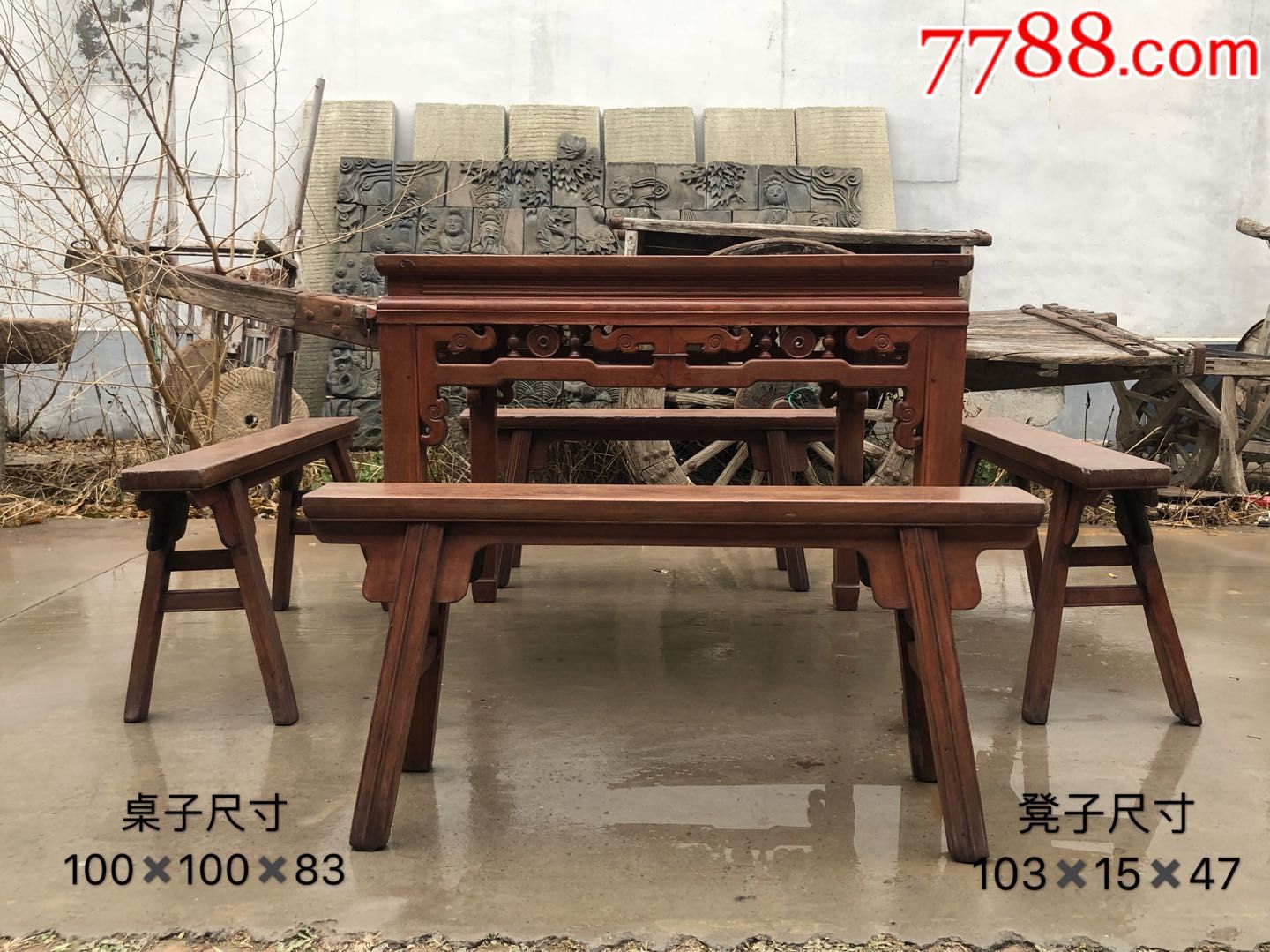 民国血榉木八仙桌一套包浆一流纹理清晰可见四足无蛀底部批灰品相一流