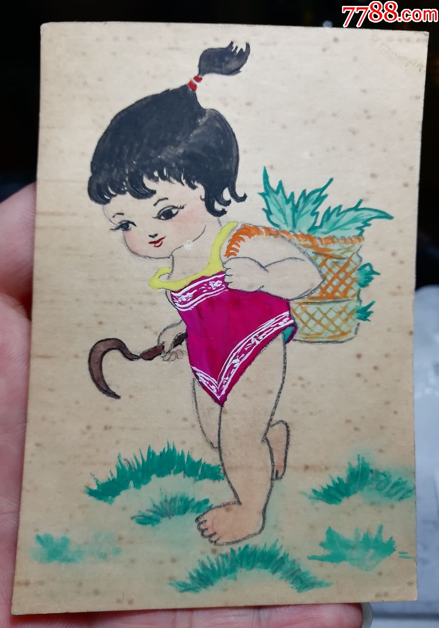 早期原创水粉画片割草的女娃儿