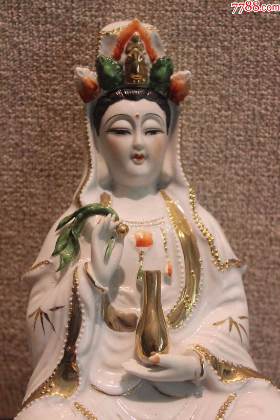 九十年代白瓷彩绘描金净瓶坐莲观世音菩萨佛像陶瓷摆件x14.