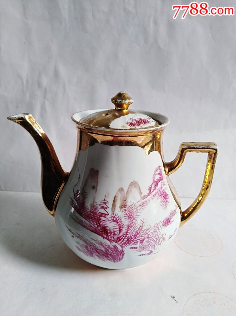 民国江西永丰瓷号款山水纹红彩茶壶一个