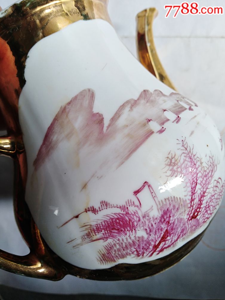 民国江西永丰瓷号款山水纹红彩茶壶一个