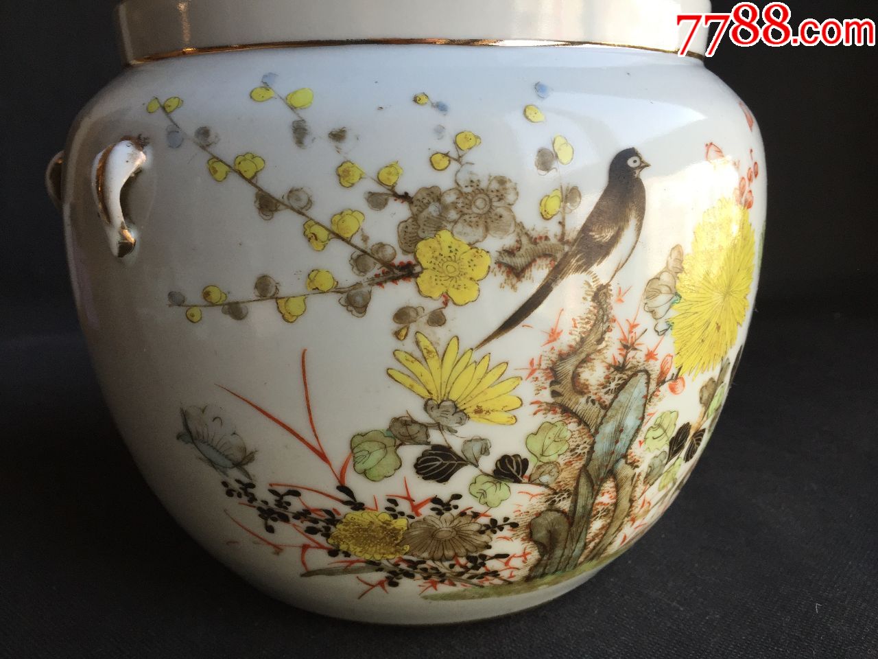 民国【余鑫盛出品】喜上眉梢粉彩花鸟粥罐