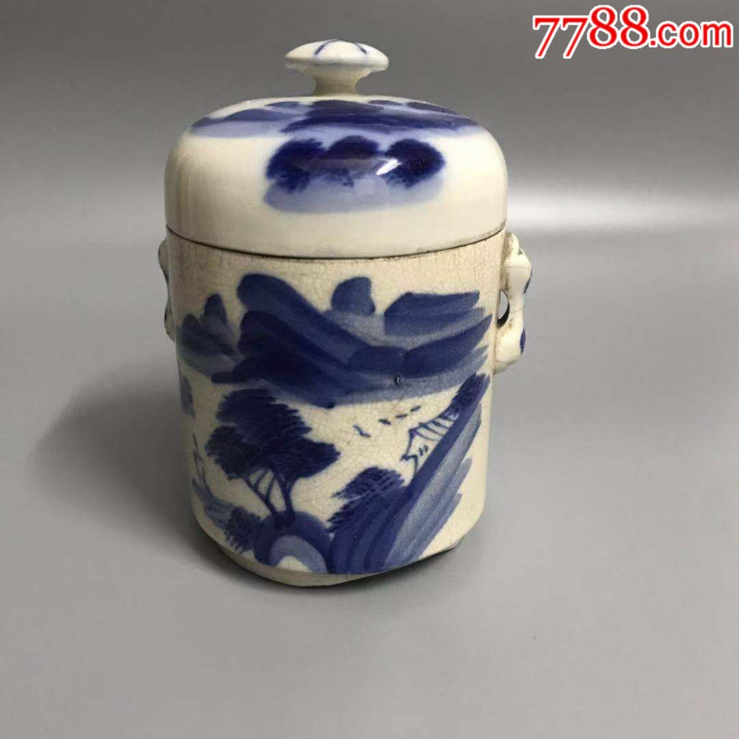 古瓷器,民国青花山水纹盖罐