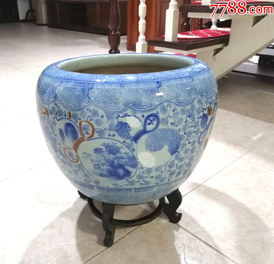 古玩瓷器摆件瓷缸全品保真日本青花大画缸大鱼缸大瓷缸编号118