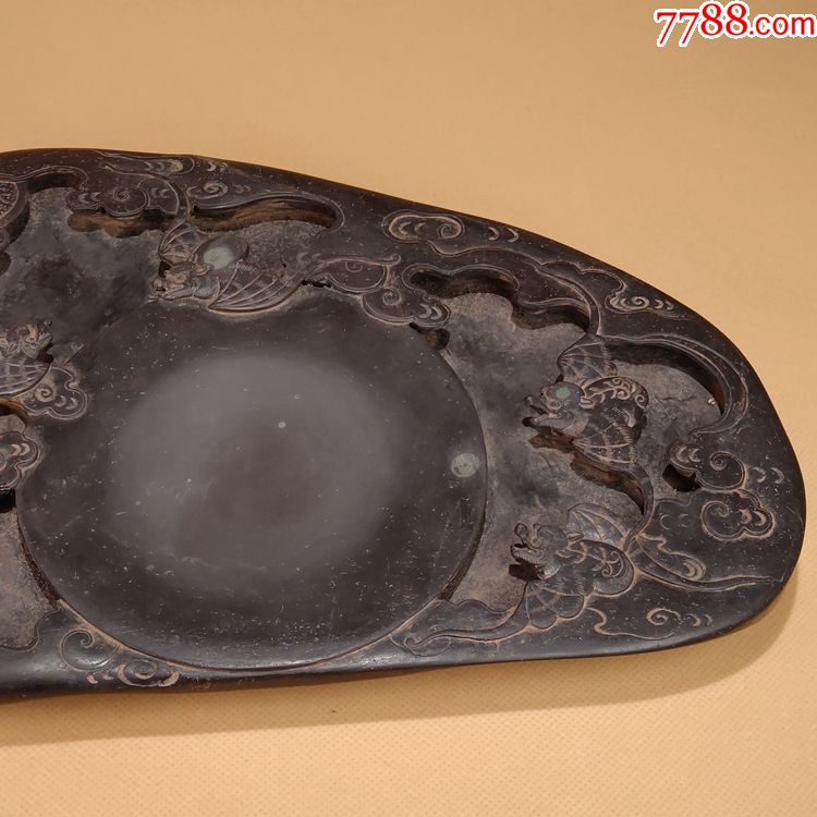 老端溪端砚端石带石眼浮雕镂雕五福临门福云纹大端砚