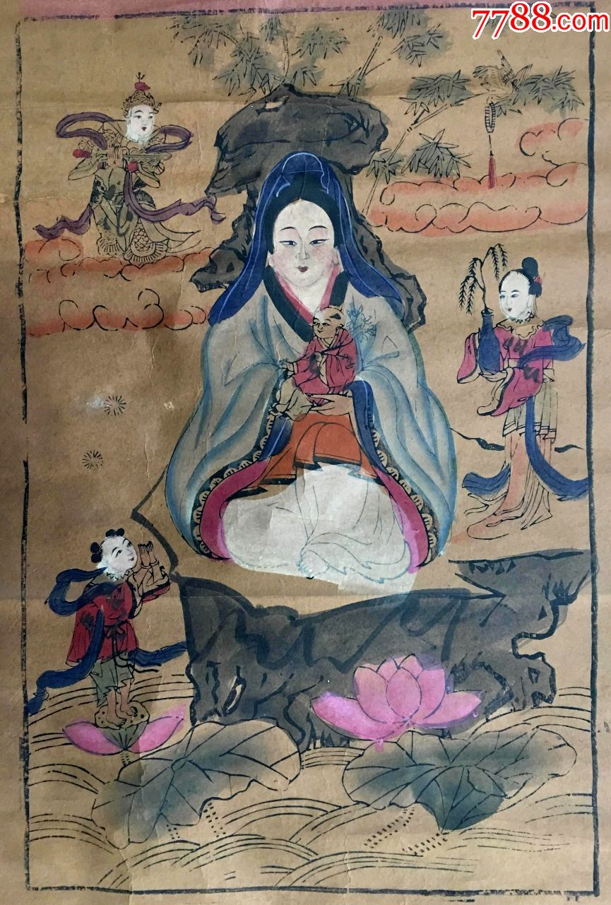 清代木版老年画观音送子