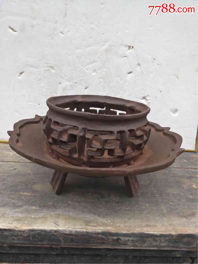 铸铁两用老火盆,老铁壶一套,包浆园润完整飘亮能用