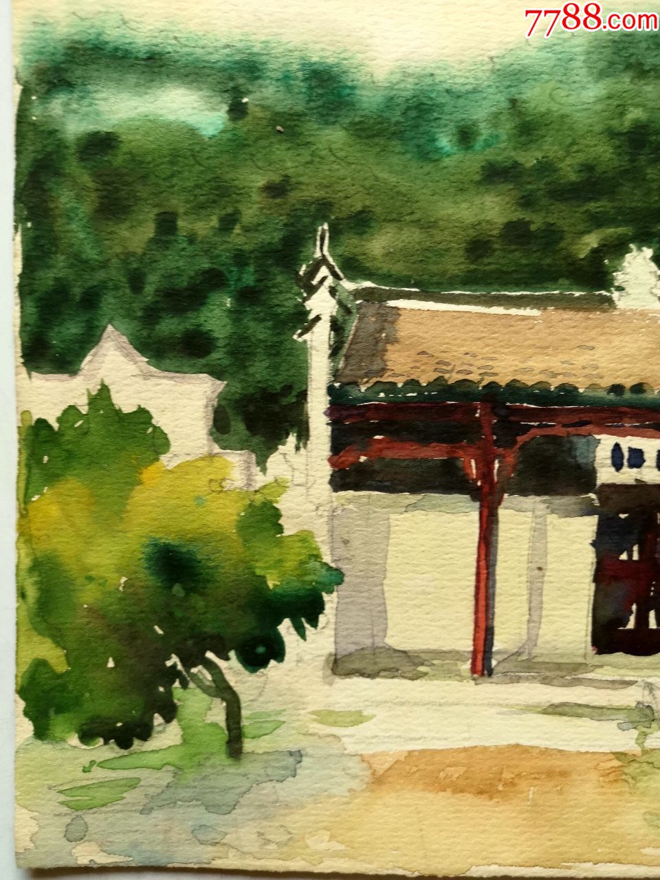 早期好品水彩画稿原稿《祠堂》