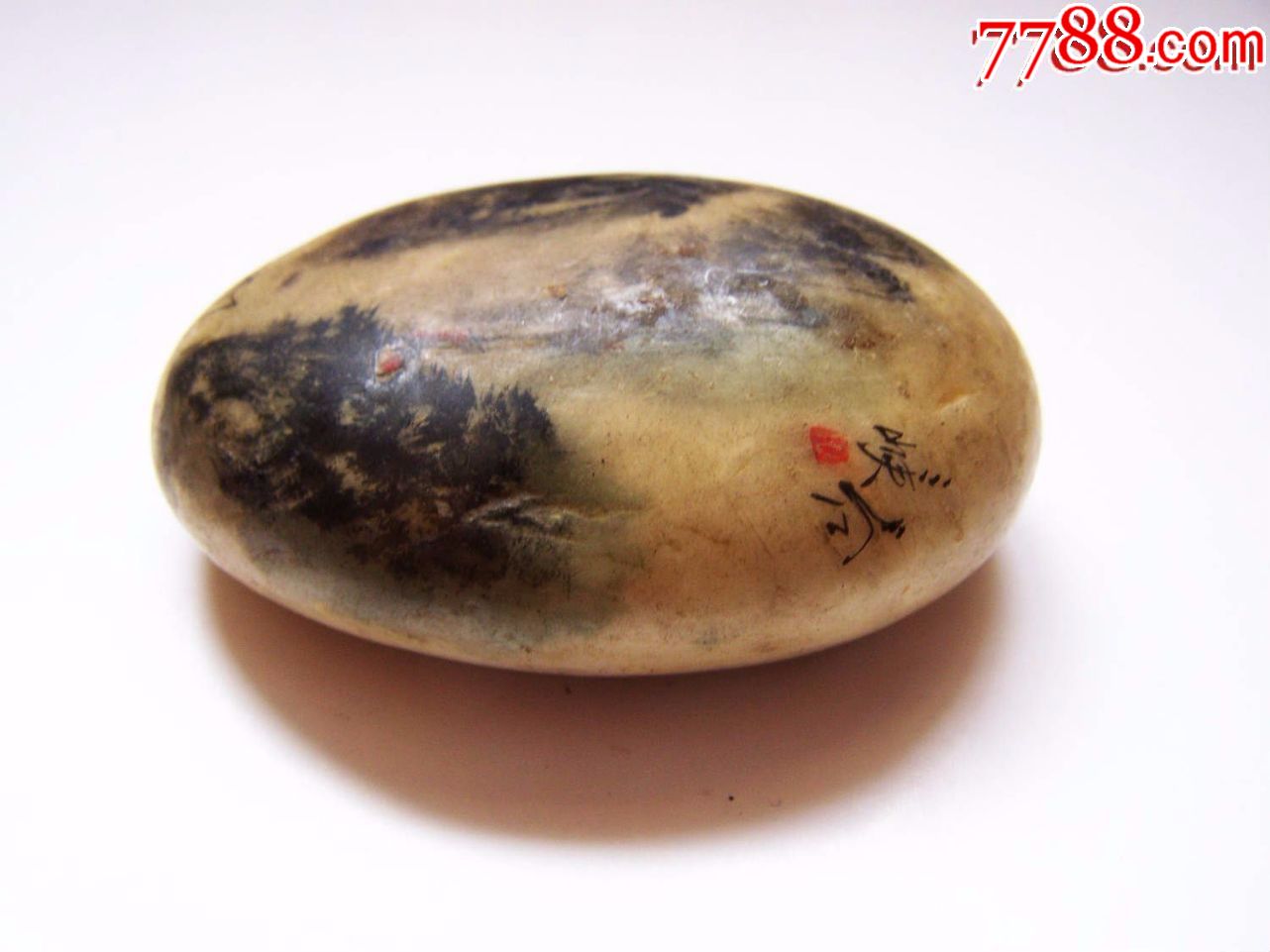 七十年代,非常写意手绘鹅卵石,绘画精美,点图可放大_草花石/国画石_第