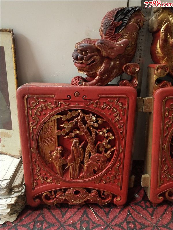 清代描金人物狮子雕花板一对明清老木雕鎏金人物老建筑装饰牛腿_价格
