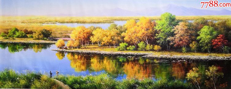 朝鲜一级画家韩成俊风景油画垂钓