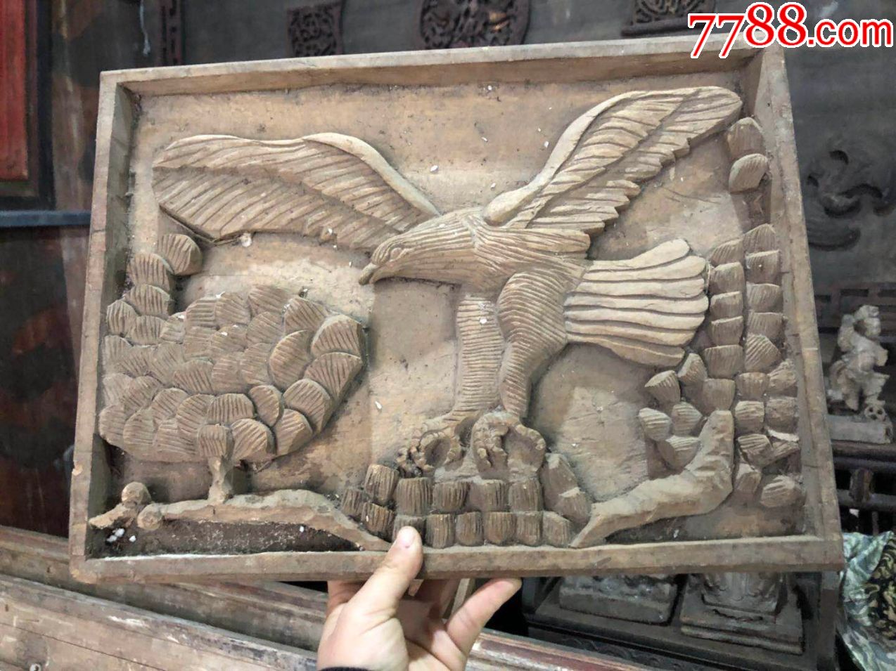 清代老木雕/老鹰雕板一片_木雕花板_鼎盛民间收藏馆【7788旧书网】