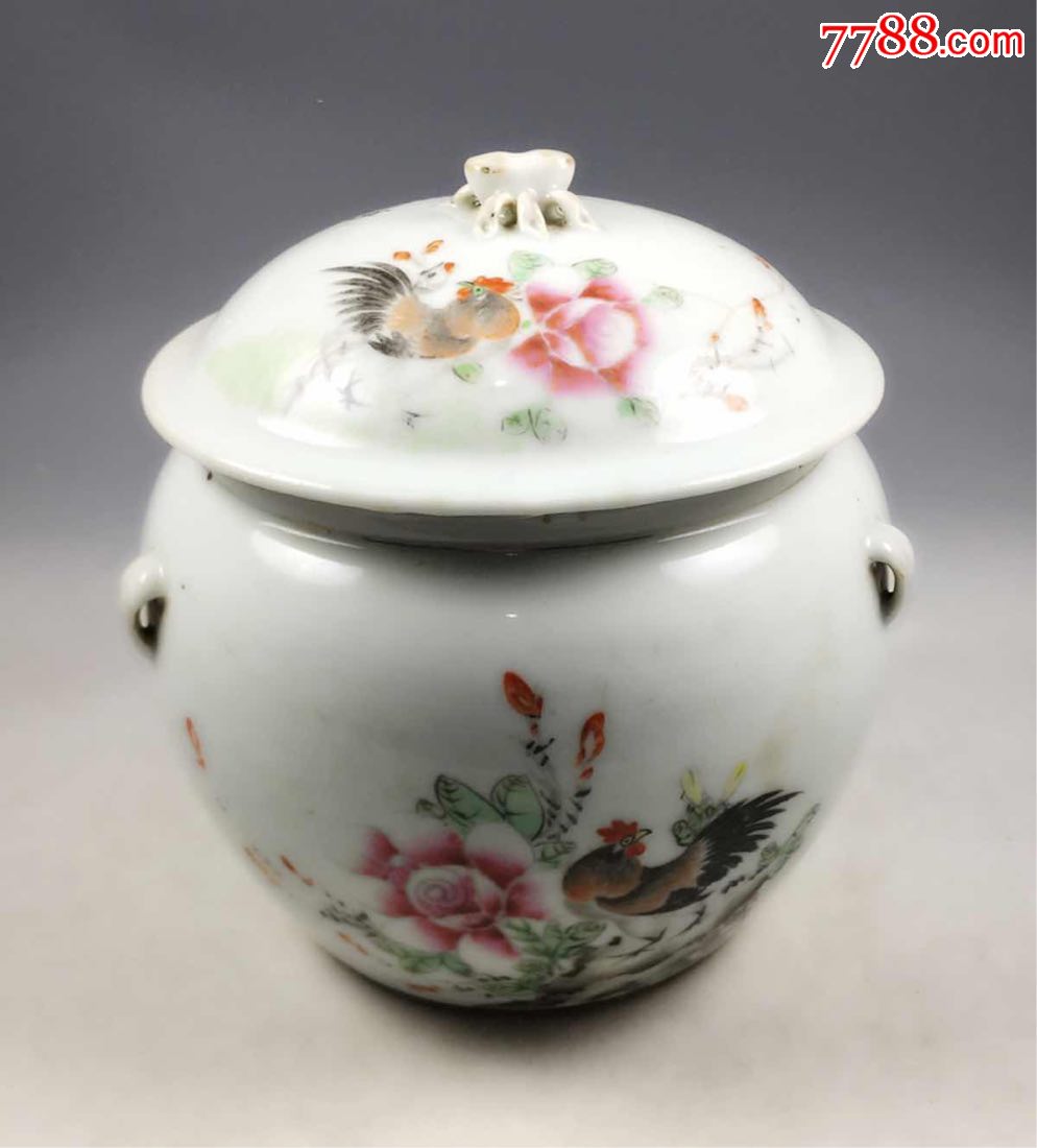 民国名家天顺祥作品细路冠上加冠粉彩原配大盖罐近全品