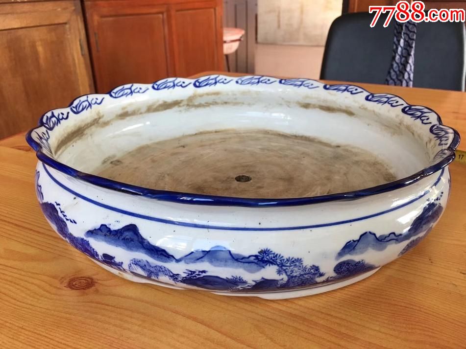 8090年代青花山水大花盆一个