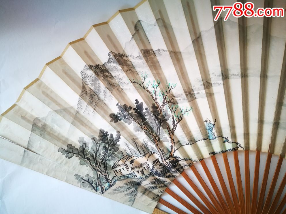 著名山水画家唐云杰青绿山水成扇,极为清雅怡人,保真!