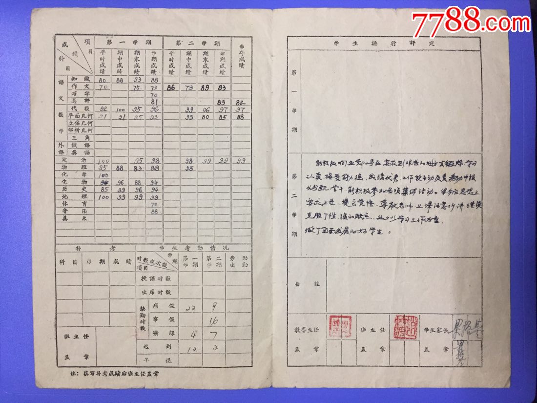 天津市第47中学1964年度学生成绩通知书,少见