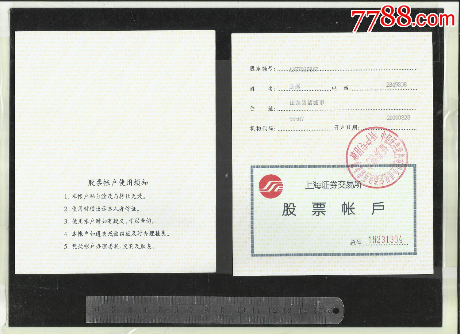 上海证券交易所,股票账户一张,请看钢板尺品相自定