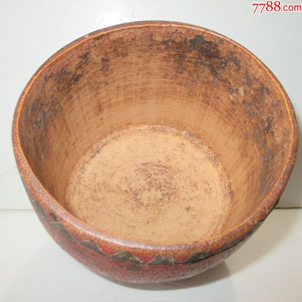 民国竹艺上色刻花竹容器【竹筒米升子】直径11高11厘米完整包老